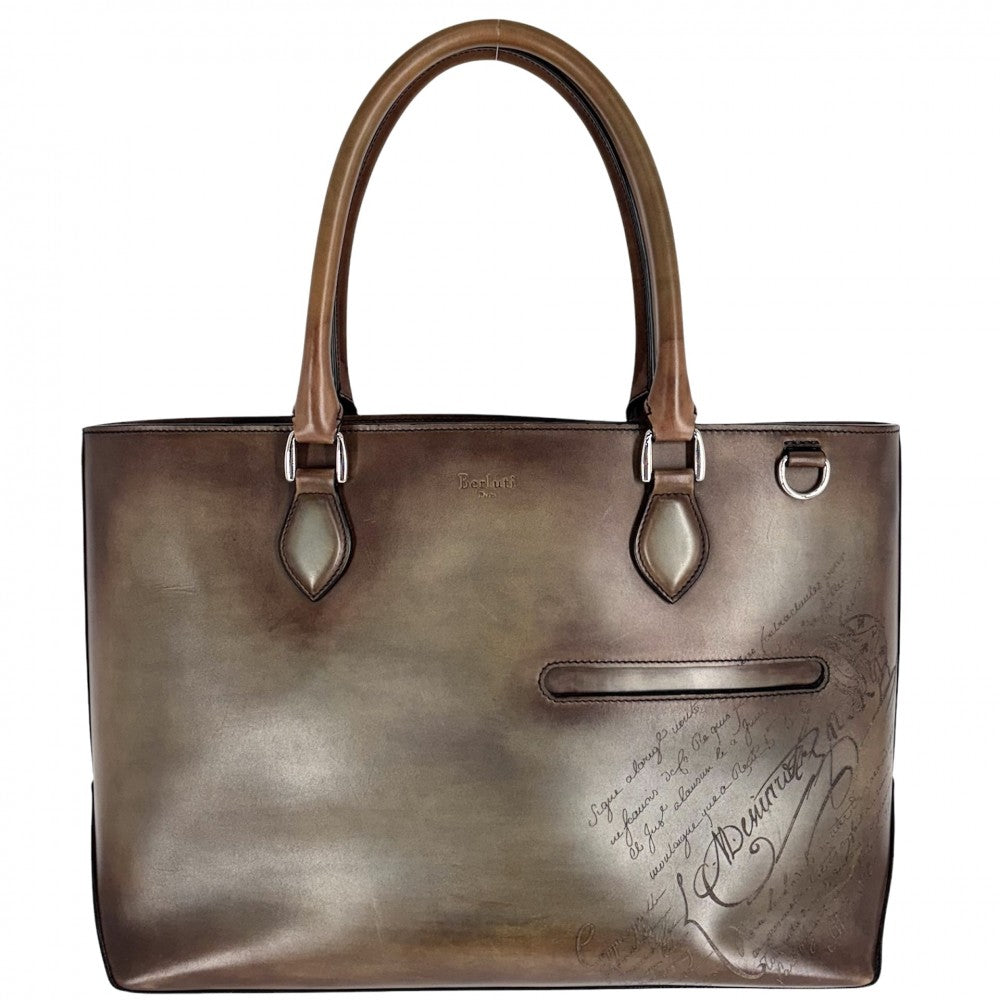 Berluti ベルルッティ トートバッグ トゥジュール　スクリット カリグラフィ ビジネスバッグ ハンドバッグ 鞄 かばん レザー ブラウン 茶 シルバー金具 メンズ【中古品】