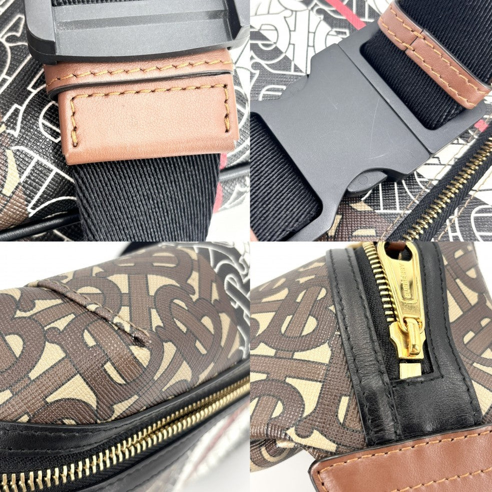BURBERRY バーバリー ウエストバッグ TBモノグラム ミディアムモノグラムストライプ クロスボディバッグ メンズ レディース PVCコーティングキャンバス レザー ブラウン 茶 ブラック 黒 ゴールド金具 ユニセックス【中古品】