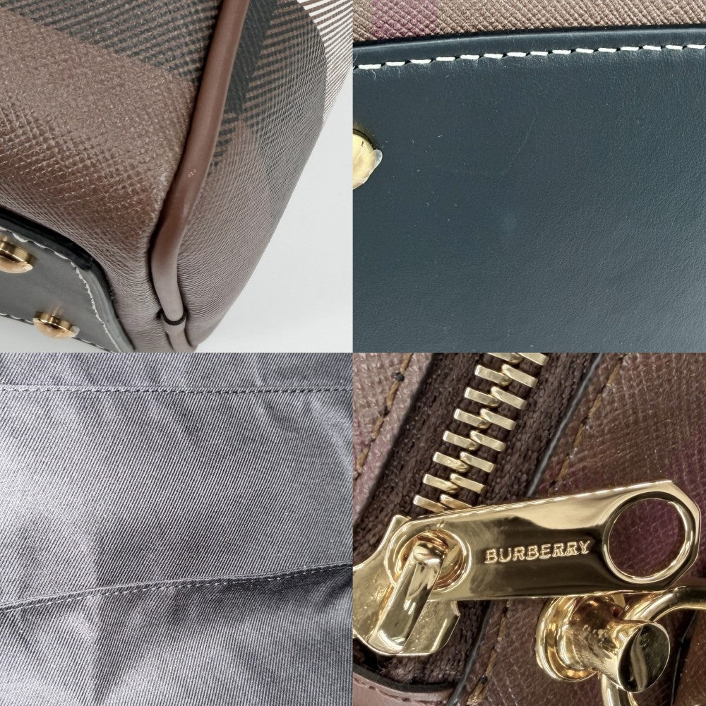 BURBERRY バーバリー 2WAY ミディアム チェック ボウリングバッグ ハンドバッグ ショルダーバッグ ミニボストンバッグ レザー ブラウン 茶 ブラック 黒 ゴールド金具 レディース【中古品】