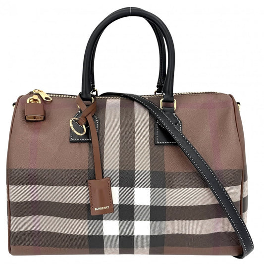 BURBERRY バーバリー 2WAY ミディアム チェック ボウリングバッグ ハンドバッグ ショルダーバッグ ミニボストンバッグ レザー ブラウン 茶 ブラック 黒 ゴールド金具 レディース【中古品】