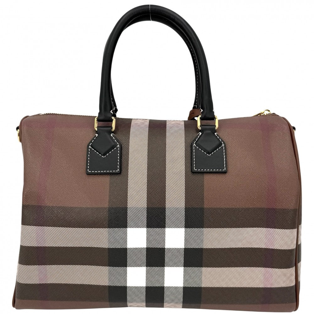 BURBERRY バーバリー 2WAY ミディアム チェック ボウリングバッグ ハンドバッグ ショルダーバッグ ミニボストンバッグ レザー ブラウン 茶 ブラック 黒 ゴールド金具 レディース【中古品】