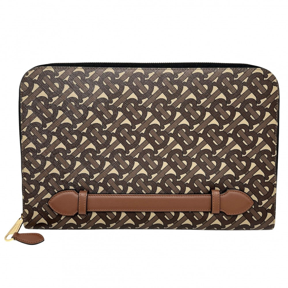 【開店SALE】 BURBERRY バーバリー クラッチバッグ TBロゴ セカンドバッグ 総柄 PVCコーティングキャンバス レザー ブラウン 茶 ベージュ ゴールド金具 メンズ【中古品】