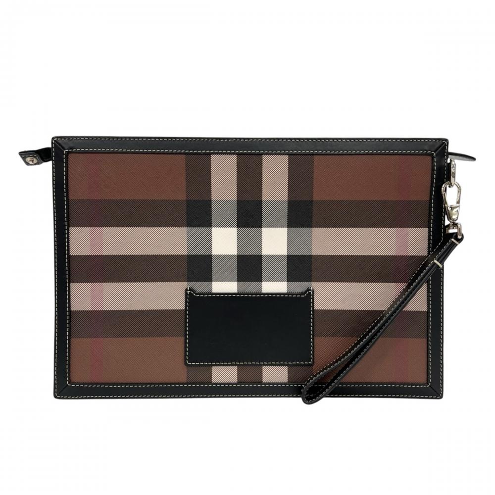 BURBERRY バーバリー クラッチバッグ ロゴ 80508291 レザー ブラック 黒 ブラウン 茶 シルバー金具 メンズ【中古品】