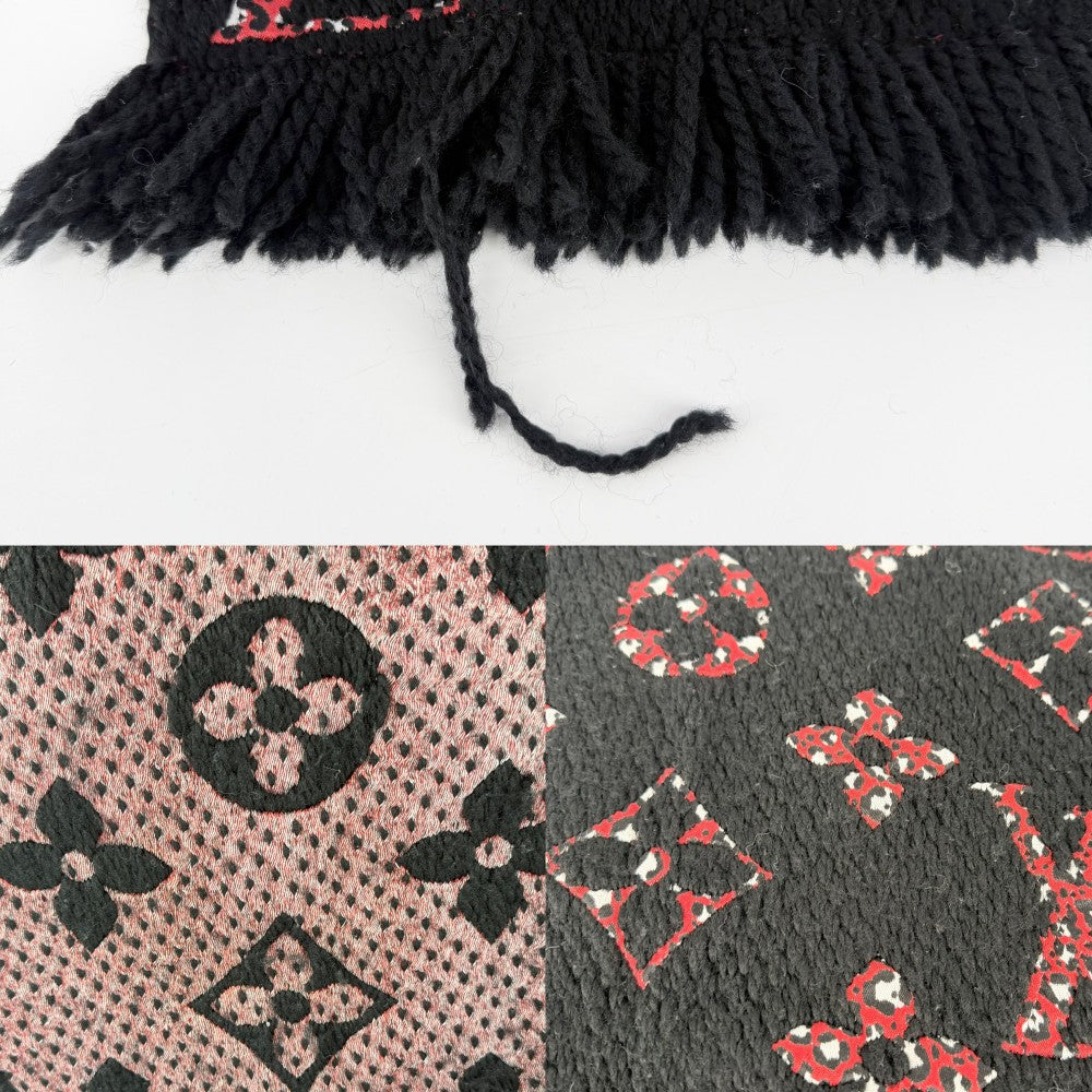 LOUIS VUITTON ルイヴィトン マフラー エシャルプ・ジャイアント モノグラム ジャングル 小物 防寒具 M76345 冬 ウール シルク ブラック 黒 レッド 赤 レディース【中古品】