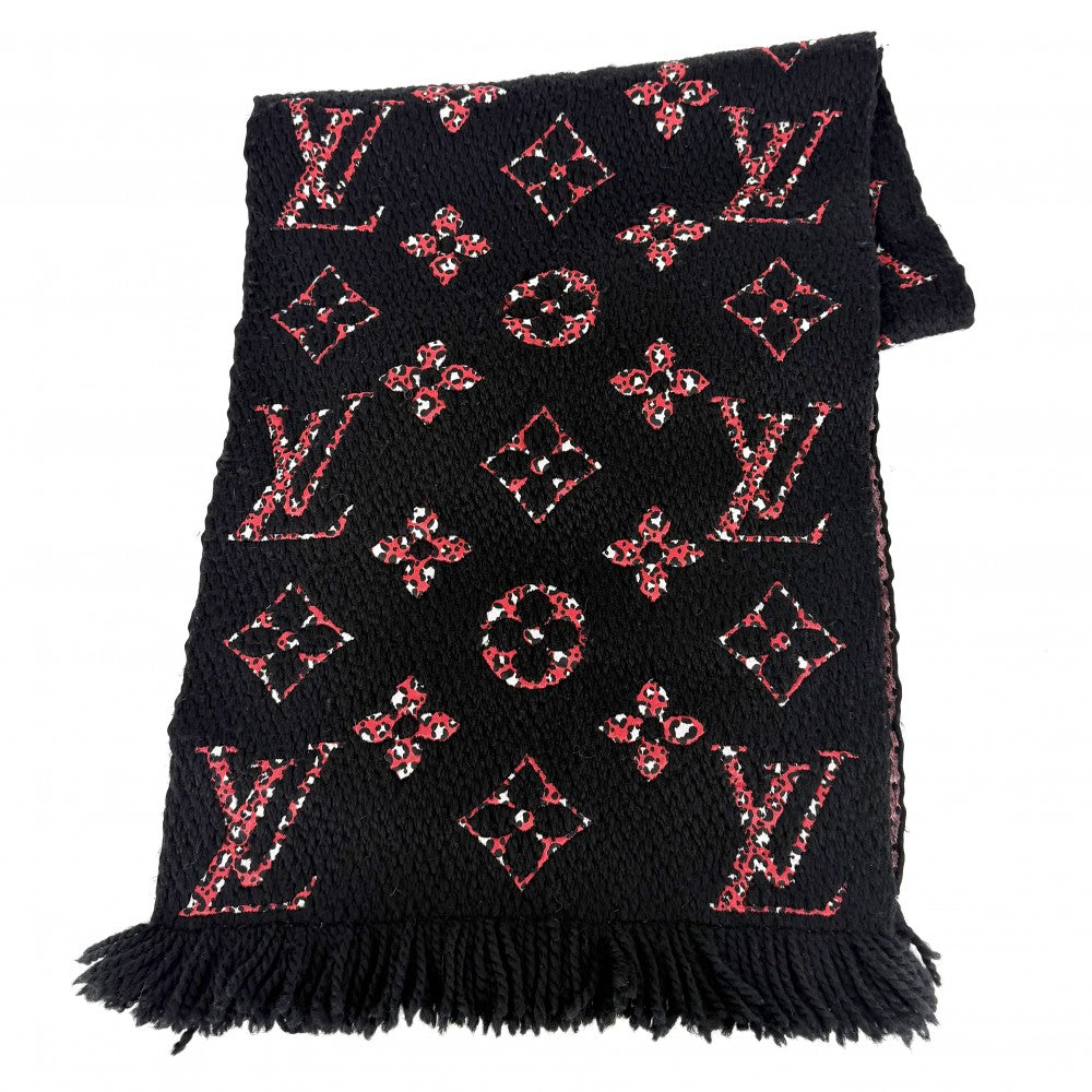 LOUIS VUITTON ルイヴィトン マフラー エシャルプ・ジャイアント モノグラム ジャングル 小物 防寒具 M76345 冬 ウール シルク ブラック 黒 レッド 赤 レディース【中古品】
