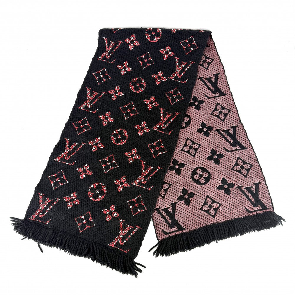 LOUIS VUITTON ルイヴィトン マフラー エシャルプ・ジャイアント モノグラム ジャングル 小物 防寒具 M76345 冬 ウール シルク ブラック 黒 レッド 赤 レディース【中古品】