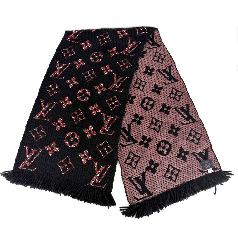LOUIS VUITTON ルイヴィトン マフラー エシャルプ・ジャイアント モノグラム ジャングル 小物 防寒具 M76345 冬 ウール シルク ブラック 黒 レッド 赤 レディース【中古品】