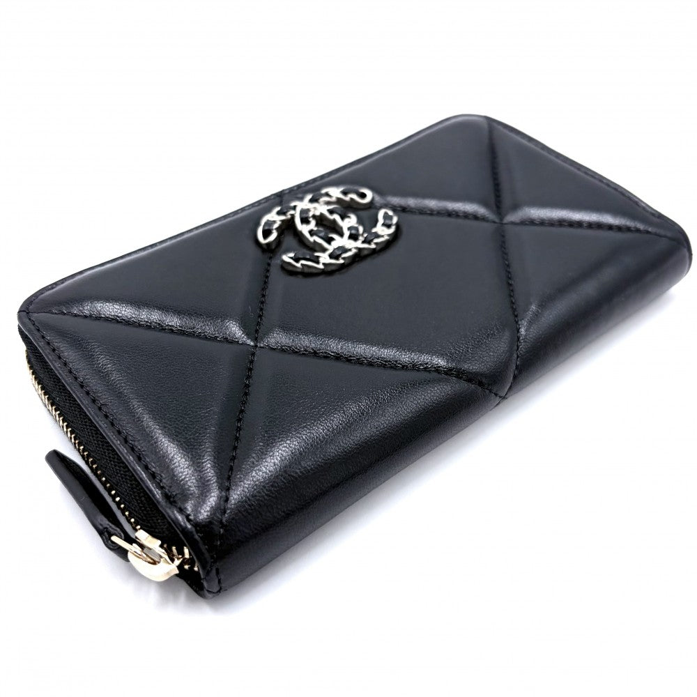 CHANEL シャネル 長財布 ジップウォレット 19 ミディアム マトラッセ ココマーク ラムスキン ブラック 黒 ゴールド金具 レディース【中古品】
