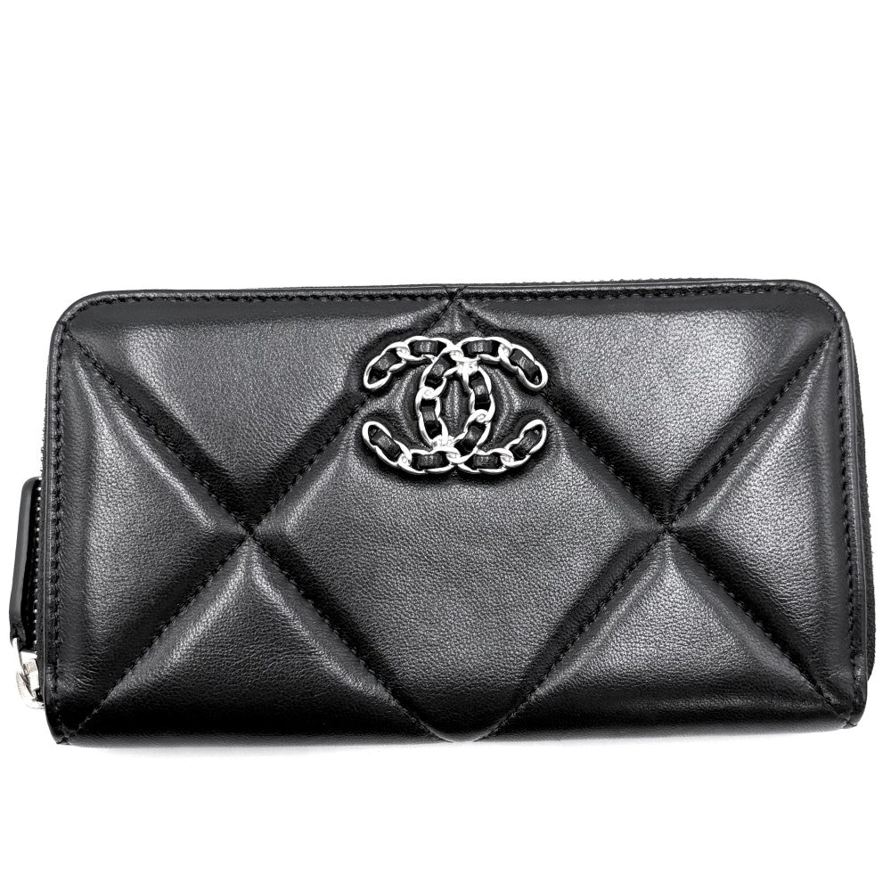 CHANEL シャネル 長財布 ジップウォレット 19 ミディアム マトラッセ ココマーク ラムスキン ブラック 黒 ゴールド金具 レディース【中古品】