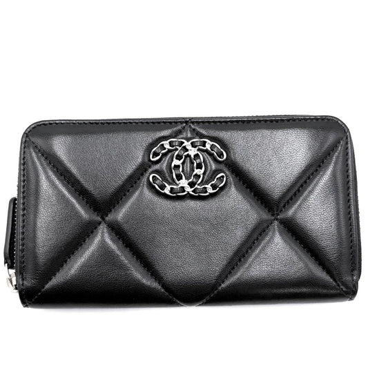 CHANEL シャネル 長財布 ジップウォレット 19 ミディアム マトラッセ ココマーク ラムスキン ブラック 黒 ゴールド金具 レディース【中古品】
