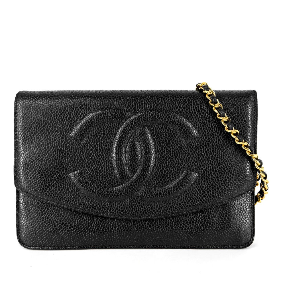 CHANEL シャネル チェーンウォレット ココマーク ショルダーバッグ 長財布 キャビアスキン ブラック 黒 ゴールド金具 レディース【中古品】
