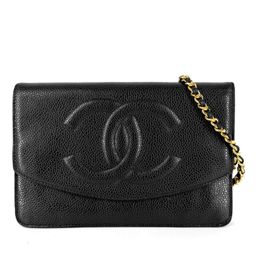 CHANEL シャネル チェーンウォレット ココマーク ショルダーバッグ 長財布 キャビアスキン ブラック 黒 ゴールド金具 レディース【中古品】