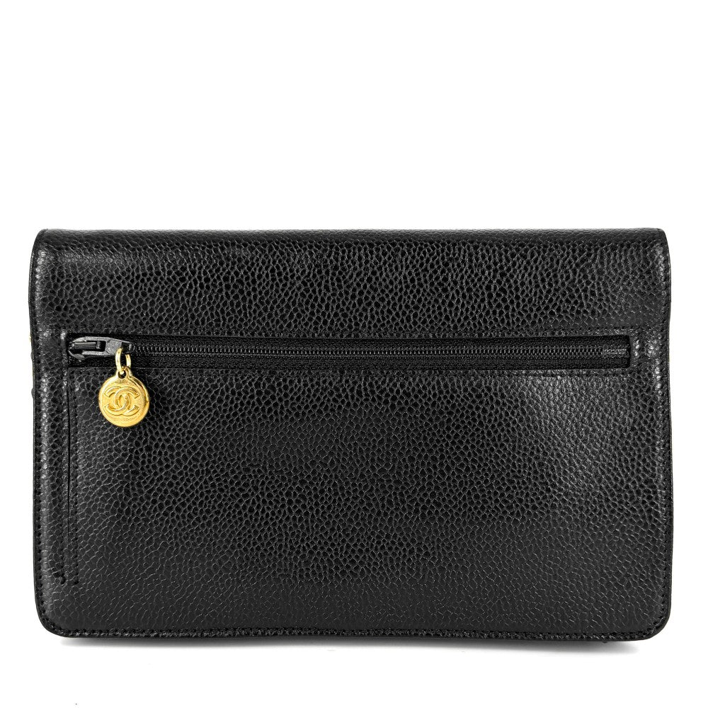 CHANEL シャネル チェーンウォレット ココマーク ショルダーバッグ 長財布 キャビアスキン ブラック 黒 ゴールド金具 レディース【中古品】