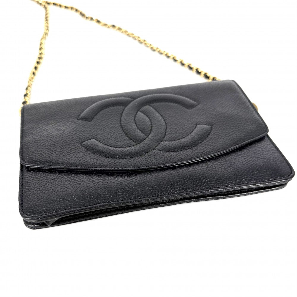 CHANEL シャネル チェーンウォレット ココマーク ショルダーバッグ 長財布 キャビアスキン ブラック 黒 ゴールド金具 レディース【中古品】