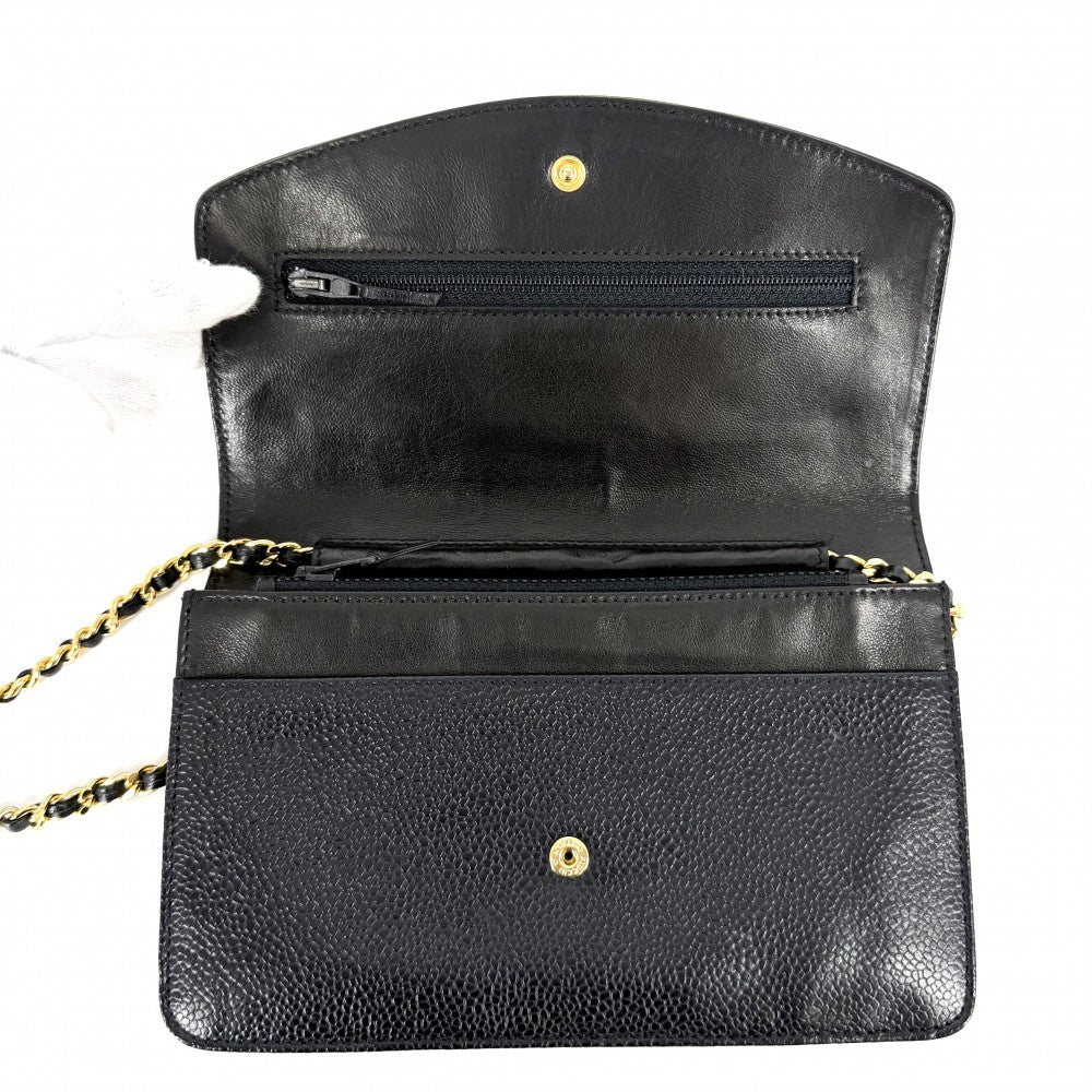 CHANEL シャネル チェーンウォレット ココマーク ショルダーバッグ 長財布 キャビアスキン ブラック 黒 ゴールド金具 レディース【中古品】
