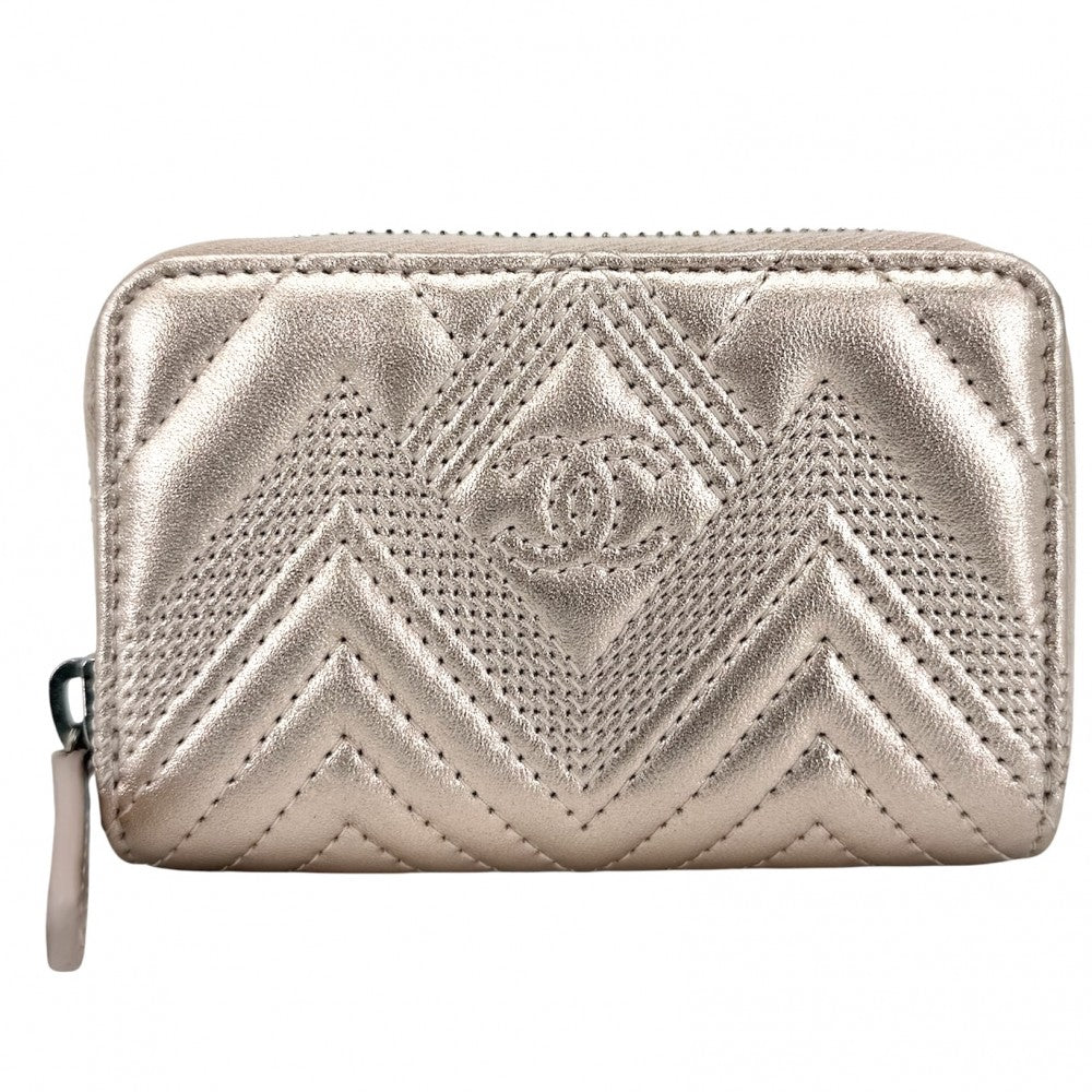 CHANEL シャネル コインケース メタリック ステッチ カードケース ココマーク 小銭入れ 小物 レザー ピンク シルバー金具 レディース【中古品】