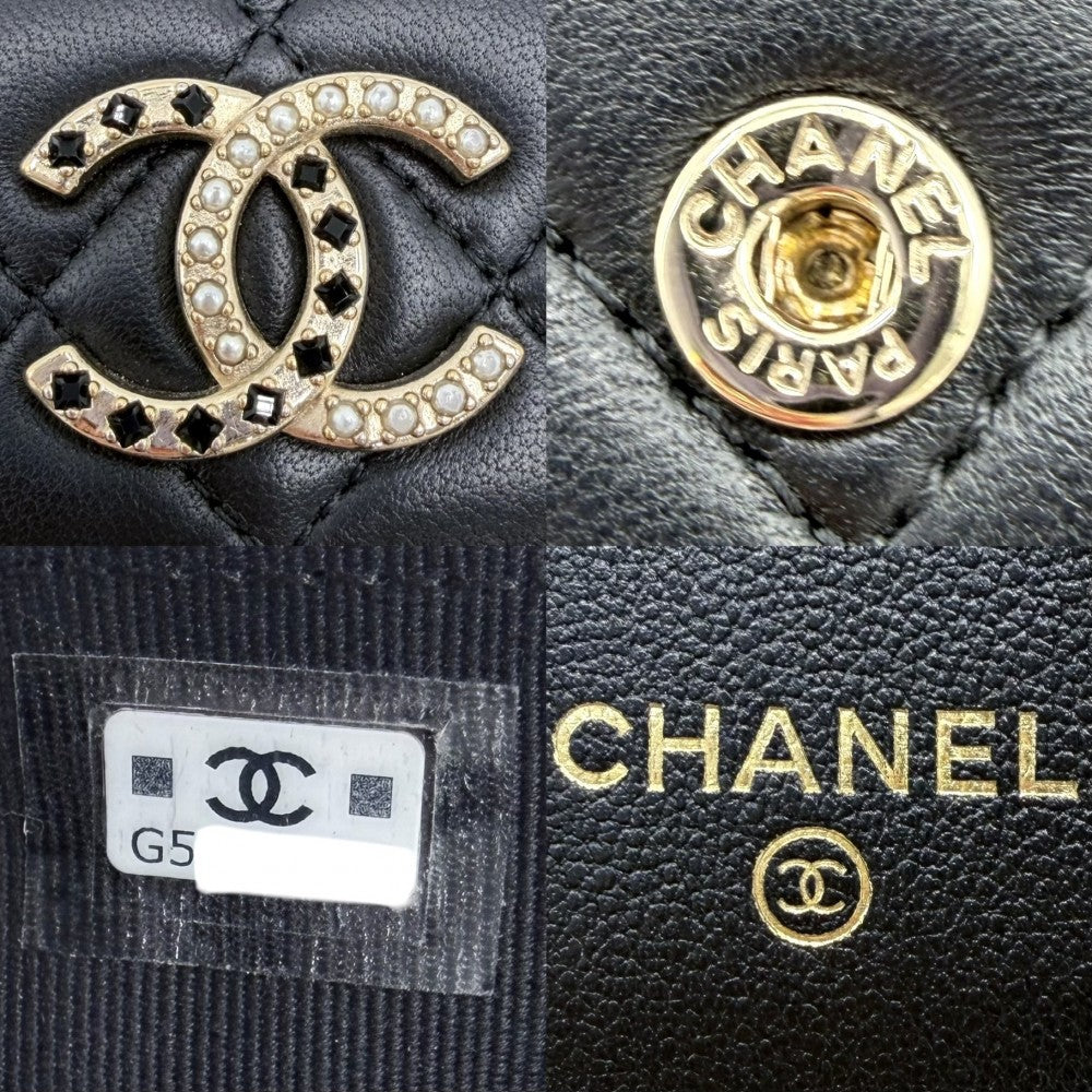 CHANEL シャネル 三つ折り財布 マトラッセ ココマーク ミニ財布 コンパクトウォレット ラムスキン ラインストーン フェイクパール ブラック 黒 ゴールド金具 レディース【中古品】