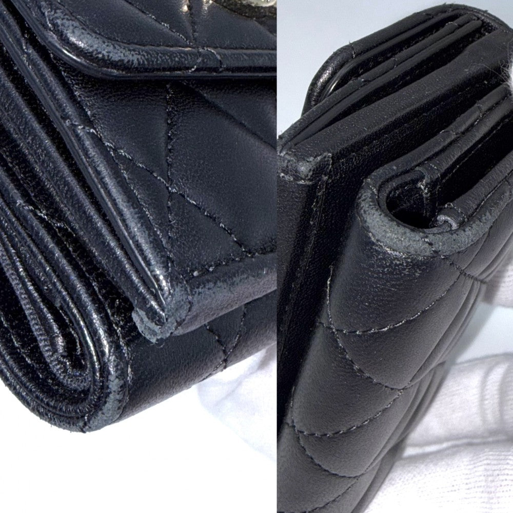 CHANEL シャネル 三つ折り財布 マトラッセ ココマーク ミニ財布 コンパクトウォレット ラムスキン ラインストーン フェイクパール ブラック 黒 ゴールド金具 レディース【中古品】