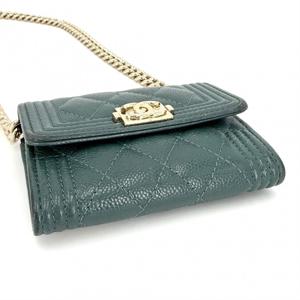 CHANEL シャネル チェーンウォレット ボーイシャネル マトラッセ ショルダーバッグ ミニバッグ ココマーク キャビアスキン グリーン 緑 ゴールド金具 レディース【中古品】