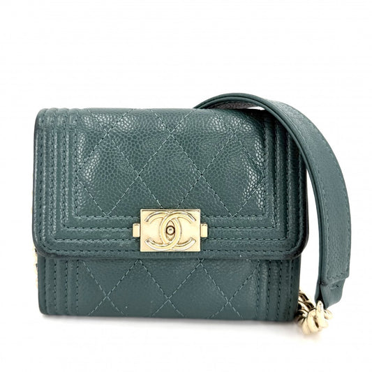 CHANEL シャネル チェーンウォレット ボーイシャネル マトラッセ ショルダーバッグ ミニバッグ ココマーク キャビアスキン グリーン 緑 ゴールド金具 レディース【中古品】