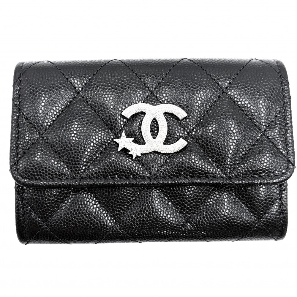 【開店SALE】 CHANEL シャネル コインケース カードケース マトラッセ ココマーク スター 星 小銭入れ 小物 AP3400 キャビアスキン ラインストーン ブラック 黒 シルバー金具 レディース【中古品】