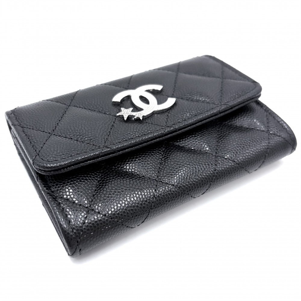 【開店SALE】 CHANEL シャネル コインケース カードケース マトラッセ ココマーク スター 星 小銭入れ 小物 AP3400 キャビアスキン ラインストーン ブラック 黒 シルバー金具 レディース【中古品】