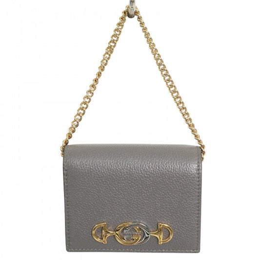 【開店SALE】 GUCCI グッチ 二つ折り財布 ズゥミ チェーンウォレット コンパクトウォレット 570660 レザー グレー ゴールド金具 ユニセックス【中古品】