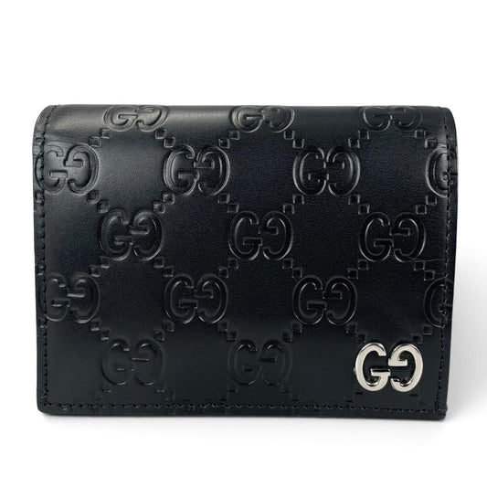 GUCCI グッチ 二つ折り財布 グッチシマ ドリアン シグネチャーレザー 522869 カーフレザー ブラック 黒 シルバー金具 レディース 約170g【中古品】
