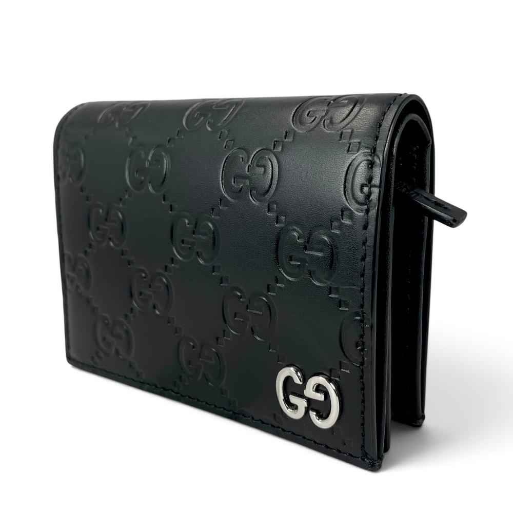 GUCCI グッチ 二つ折り財布 グッチシマ ドリアン シグネチャーレザー 522869 カーフレザー ブラック 黒 シルバー金具 レディース 約170g【中古品】