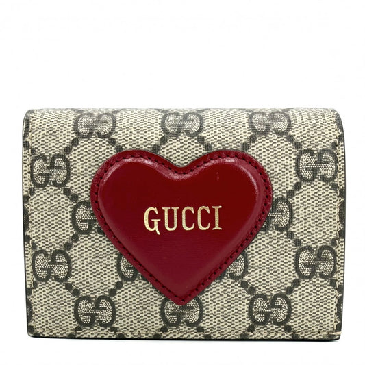 GUCCI グッチ 二つ折り財布 GGスプリーム ハート コンパクトウォレット ミニウォレット 648848 GGスプリームキャンバス ブラウン 茶 レッド 赤 ゴールド金具 レディース【中古品】