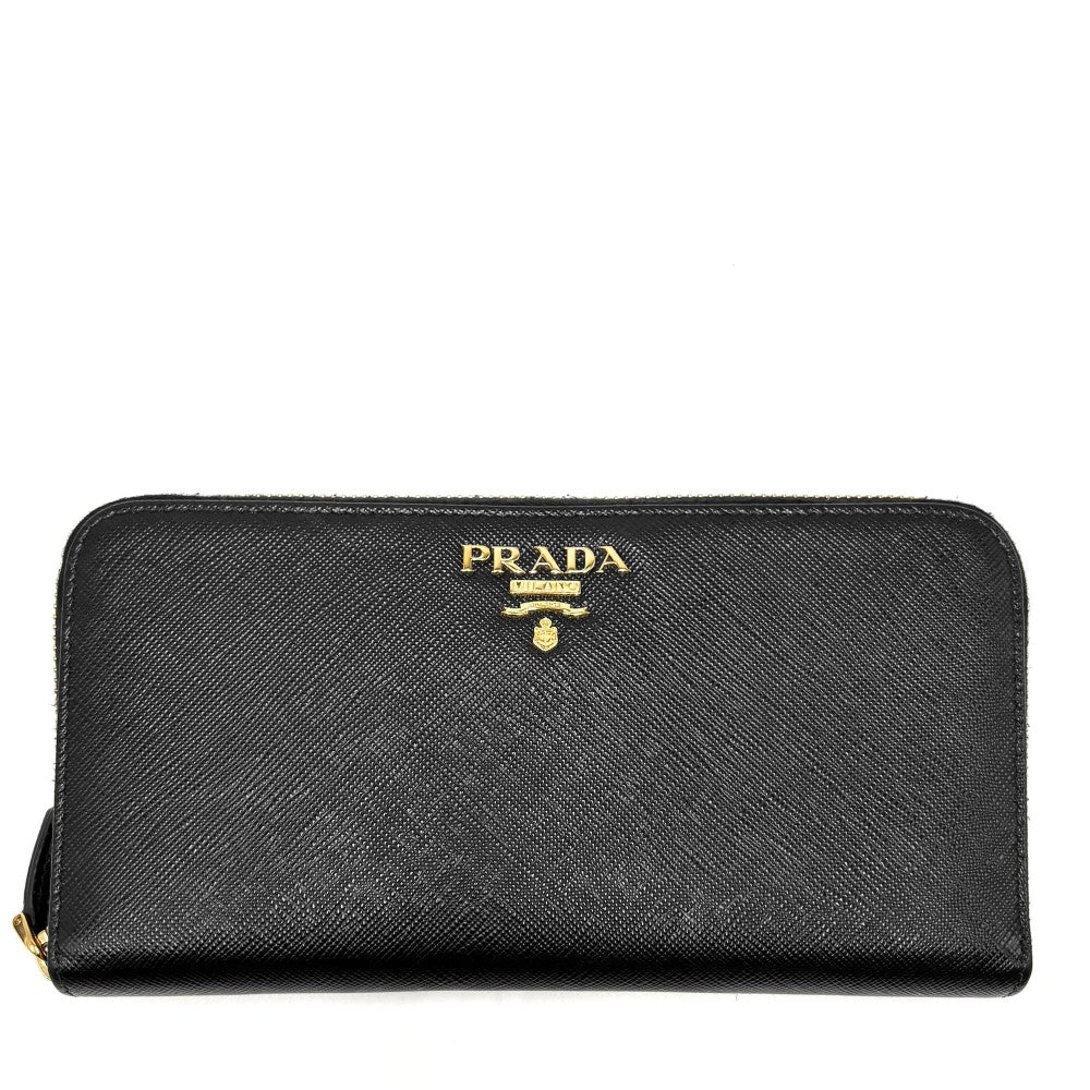 【開店SALE】 PRADA プラダ 長財布 ロゴ ロングウォレット 1ML506 レザー ブラック 黒 ゴールド金具 レディース【中古品】