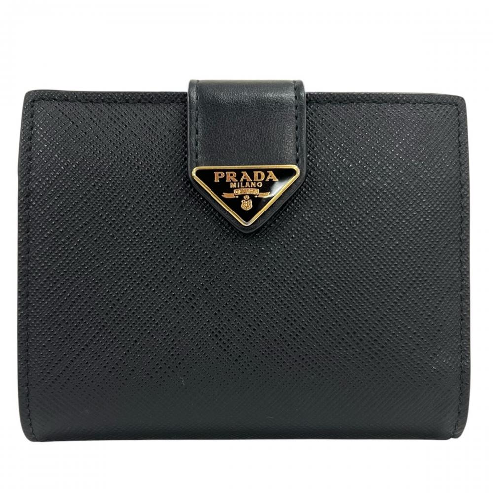 PRADA プラダ 二つ折り財布 サファイアーノ 三角ロゴ 1MV204 レザー ブラック 黒 ゴールド金具 レディース 約200g【中古品】
