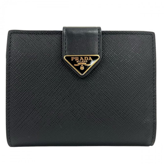 PRADA プラダ 二つ折り財布 サファイアーノ 三角ロゴ 1MV204 レザー ブラック 黒 ゴールド金具 レディース 約200g【中古品】