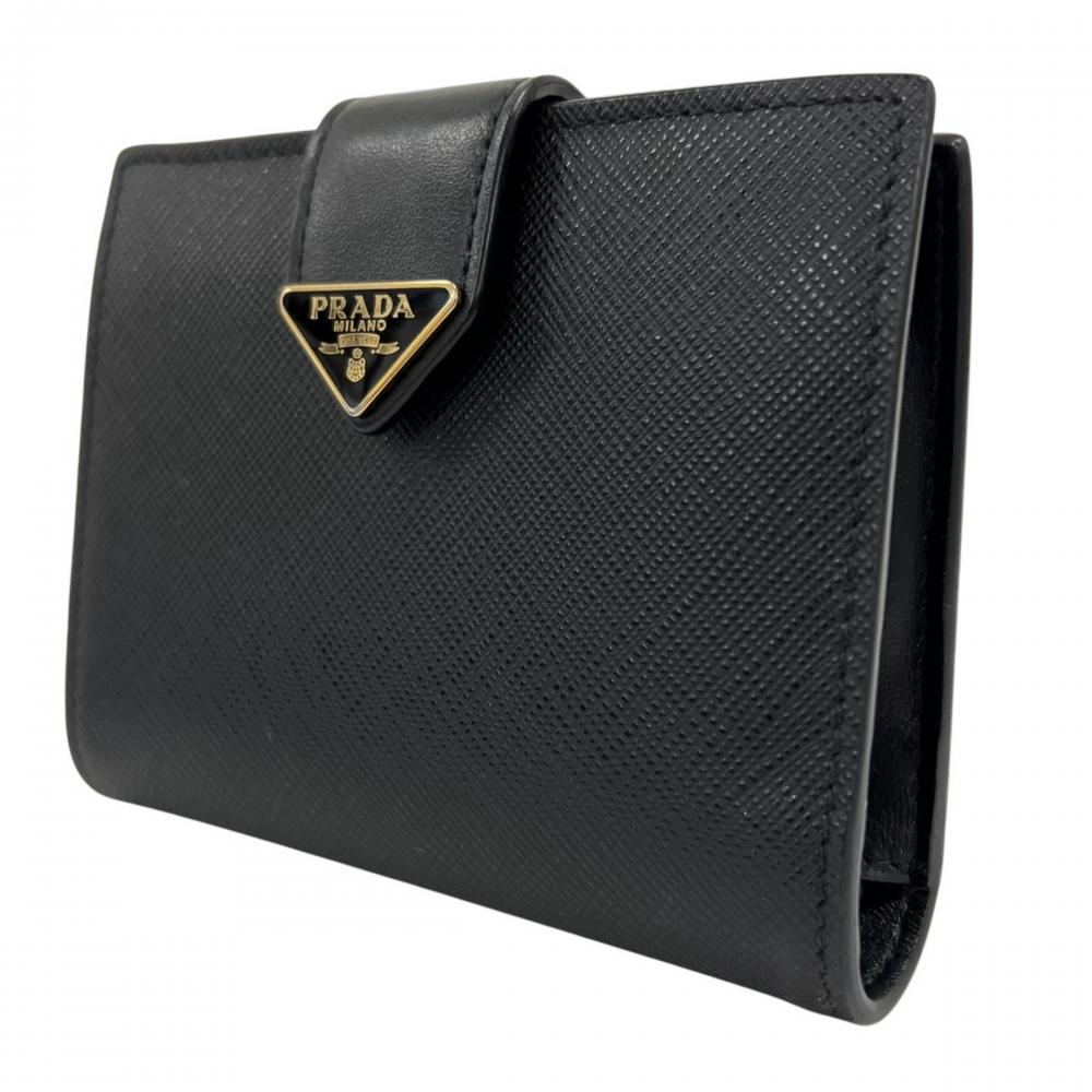 PRADA プラダ 二つ折り財布 サファイアーノ 三角ロゴ 1MV204 レザー ブラック 黒 ゴールド金具 レディース 約200g【中古品】