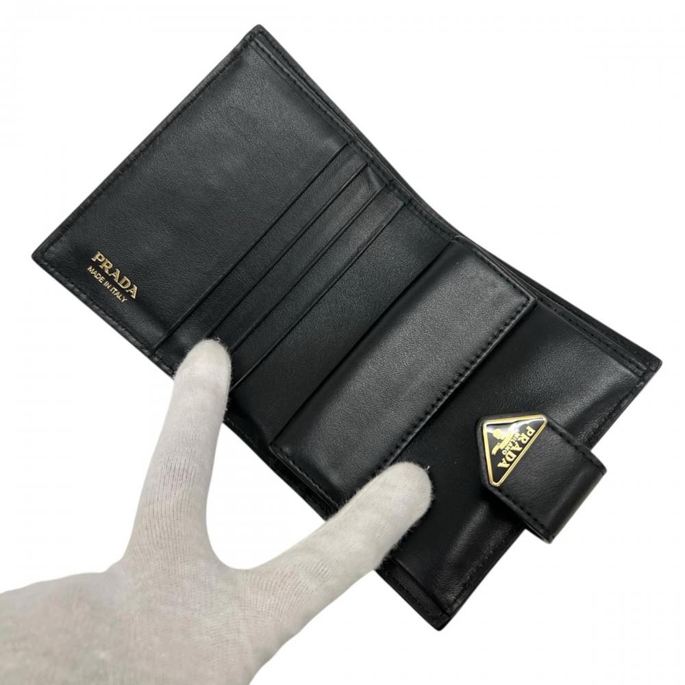 PRADA プラダ 二つ折り財布 サファイアーノ 三角ロゴ 1MV204 レザー ブラック 黒 ゴールド金具 レディース 約200g【中古品】