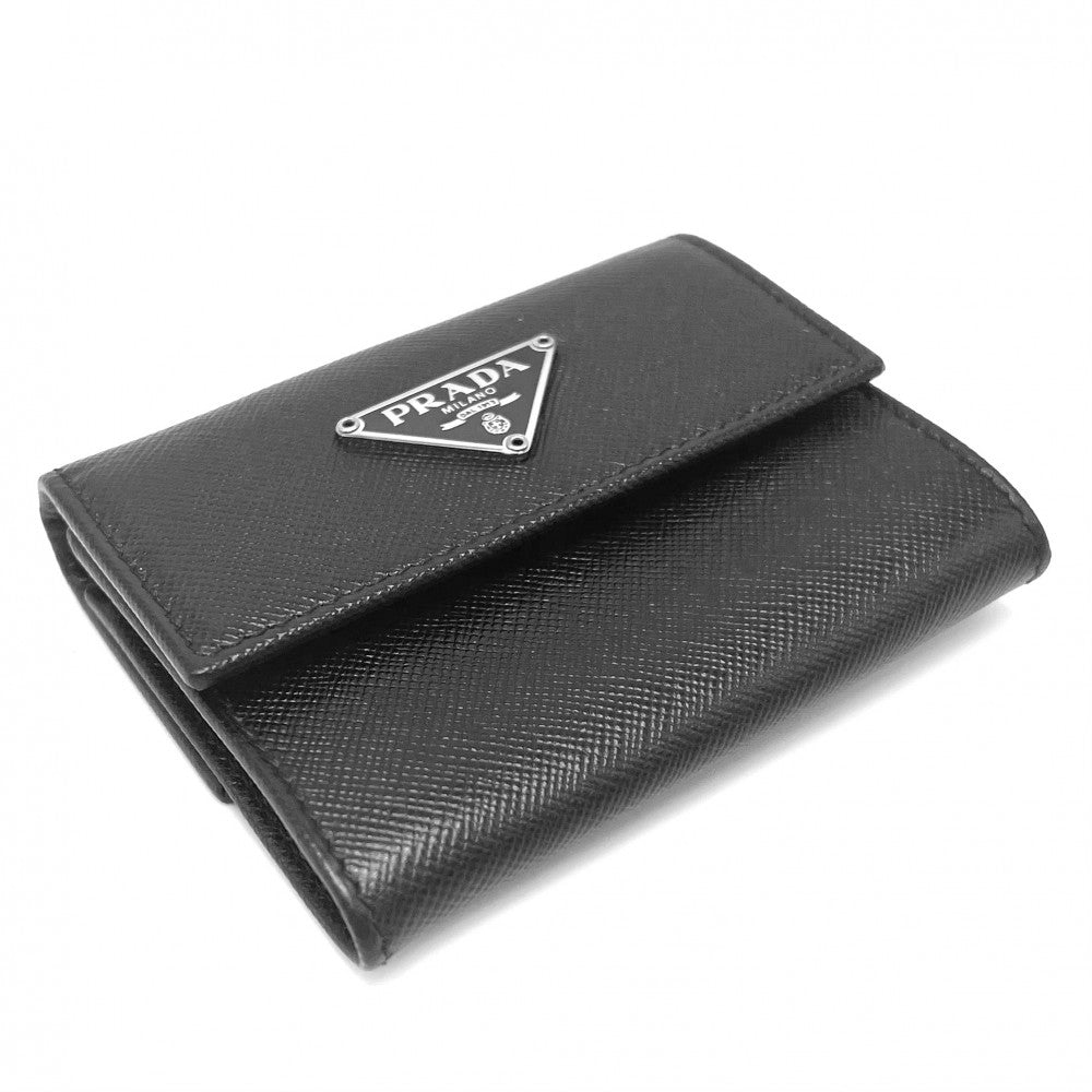 【開店SALE】 PRADA プラダ コインケース サフィアーノ トライアングルロゴ 小銭入れ コンパクトウォレット レザー ブラック 黒 シルバー金具 レディース【中古品】