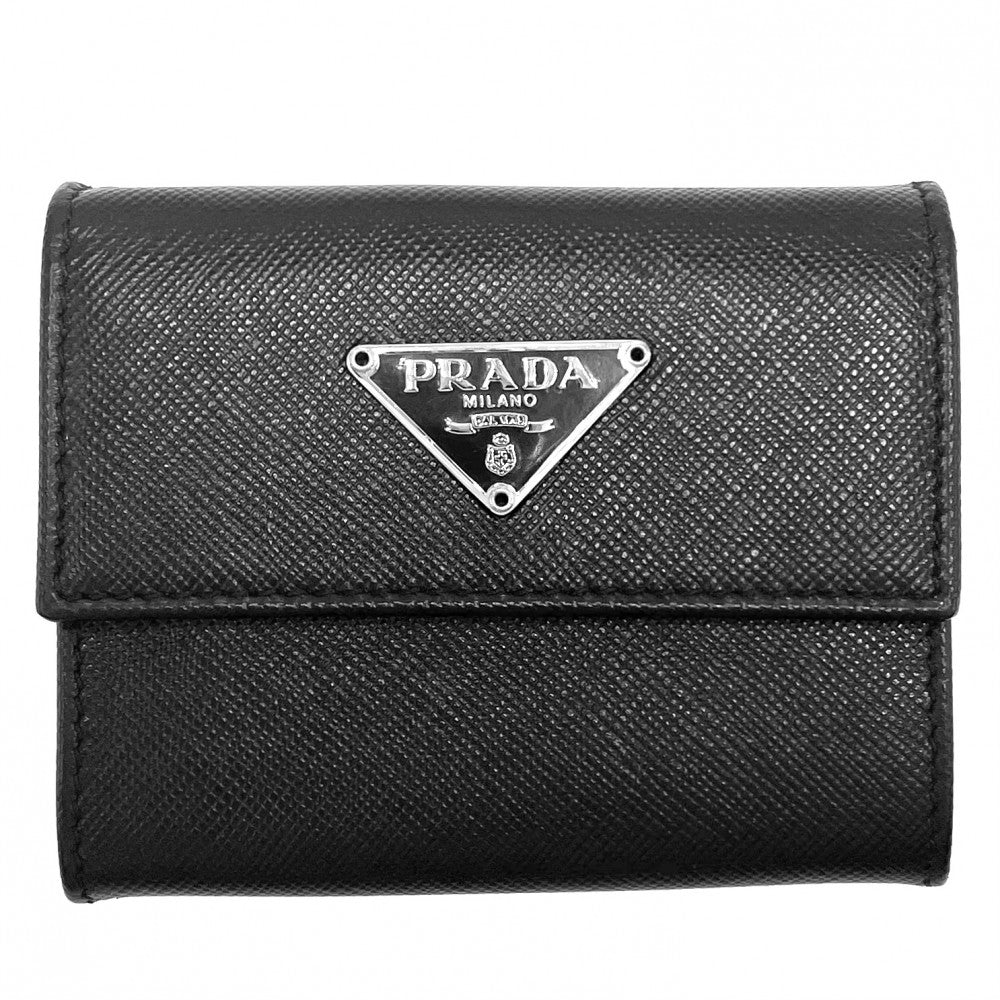 【開店SALE】 PRADA プラダ コインケース サフィアーノ トライアングルロゴ 小銭入れ コンパクトウォレット レザー ブラック 黒 シルバー金具 レディース【中古品】