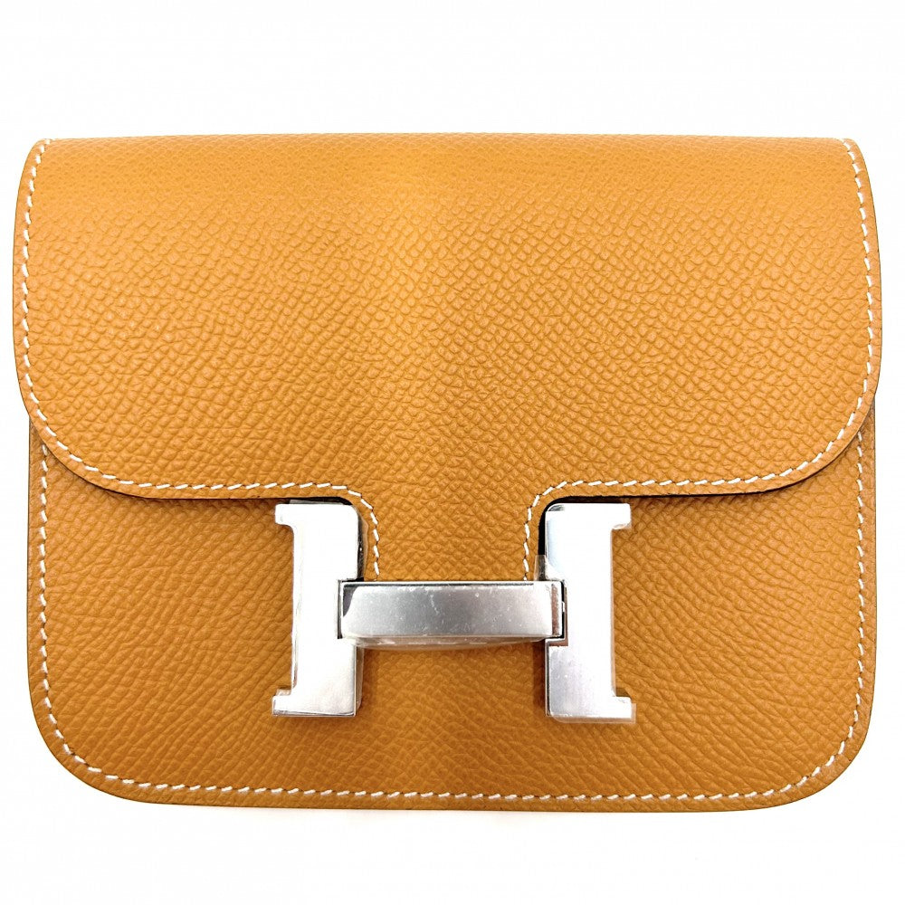 【開店SALE】 HERMES エルメス 二つ折り財布 コンスタンス スリムウォレット コンパクト 財布 Hロゴ B刻印 ヴォーエプソン ブラウン 茶 シルバー金具 レディース 2023年【中古品】
