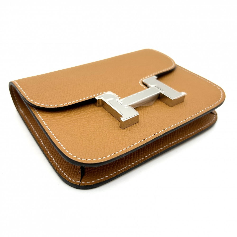 【開店SALE】 HERMES エルメス 二つ折り財布 コンスタンス スリムウォレット コンパクト 財布 Hロゴ B刻印 ヴォーエプソン ブラウン 茶 シルバー金具 レディース 2023年【中古品】
