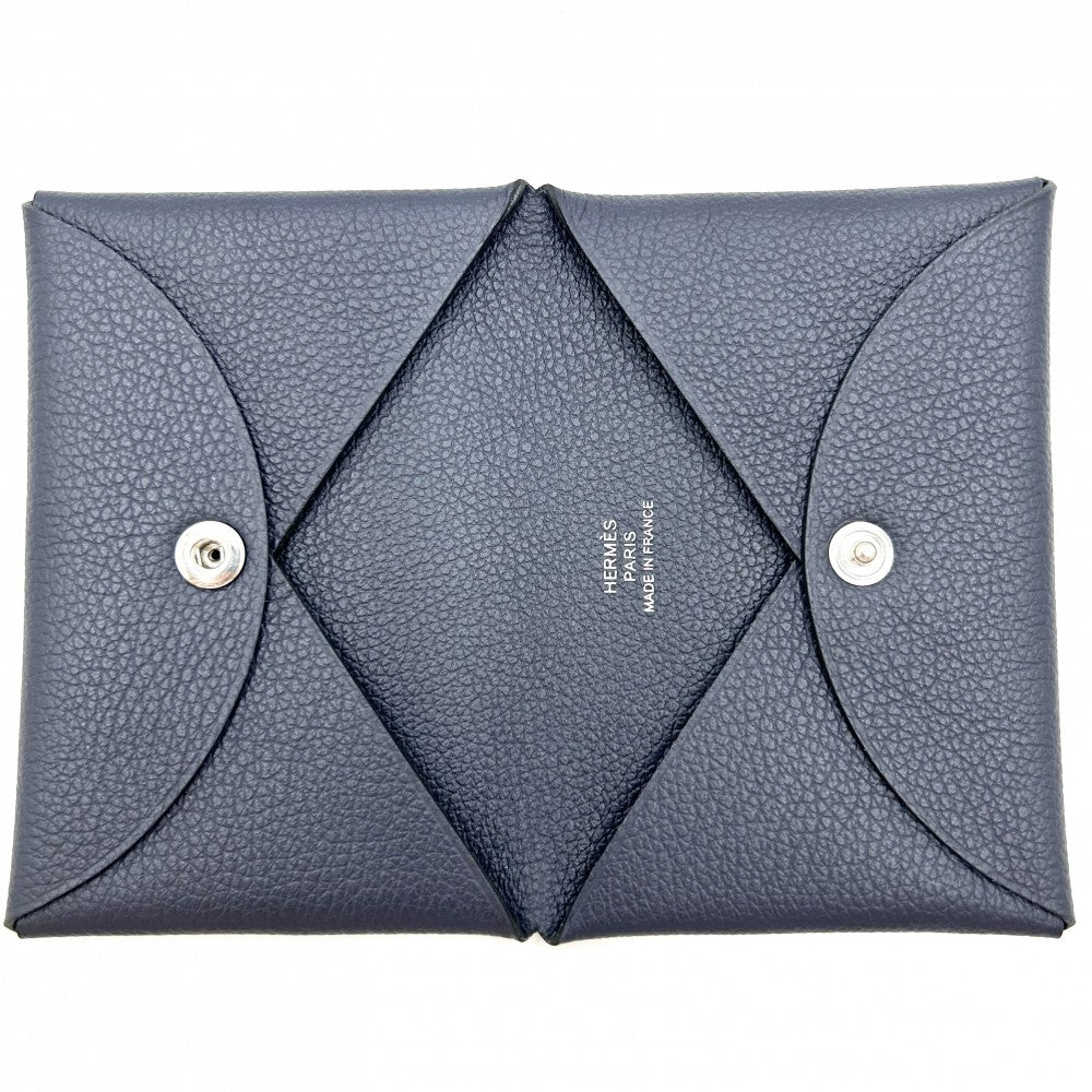 HERMES エルメス コインケース カルヴィ 小銭入れ カードケース 小物 メンズ レディース 男女兼用 U ヴォーエプソン ネイビー 紺 シルバー金具 ユニセックス 2022年【中古品】