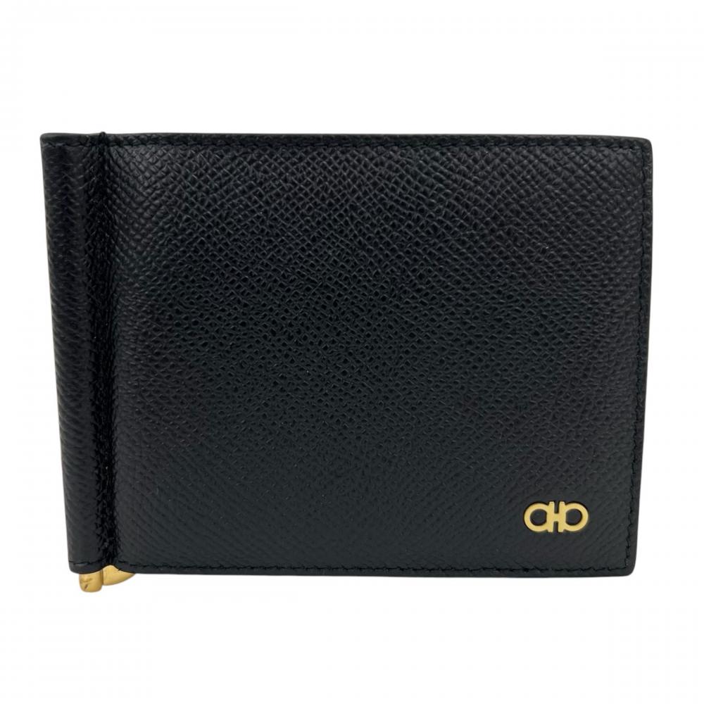 Salvatore Ferragamo サルヴァトーレフェラガモ カードケース ガンチーニ マネークリップ 661475 カーフ ブラック 黒 ゴールド金具 メンズ 約240g【中古品】