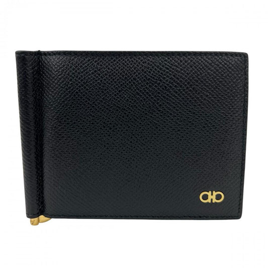 Salvatore Ferragamo サルヴァトーレフェラガモ カードケース ガンチーニ マネークリップ 661475 カーフ ブラック 黒 ゴールド金具 メンズ 約240g【中古品】