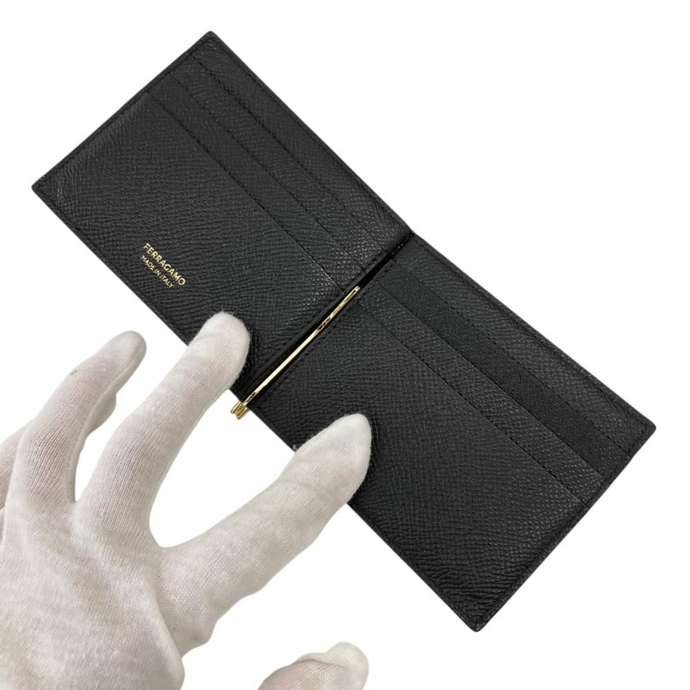 Salvatore Ferragamo サルヴァトーレフェラガモ カードケース ガンチーニ マネークリップ 661475 カーフ ブラック 黒 ゴールド金具 メンズ 約240g【中古品】