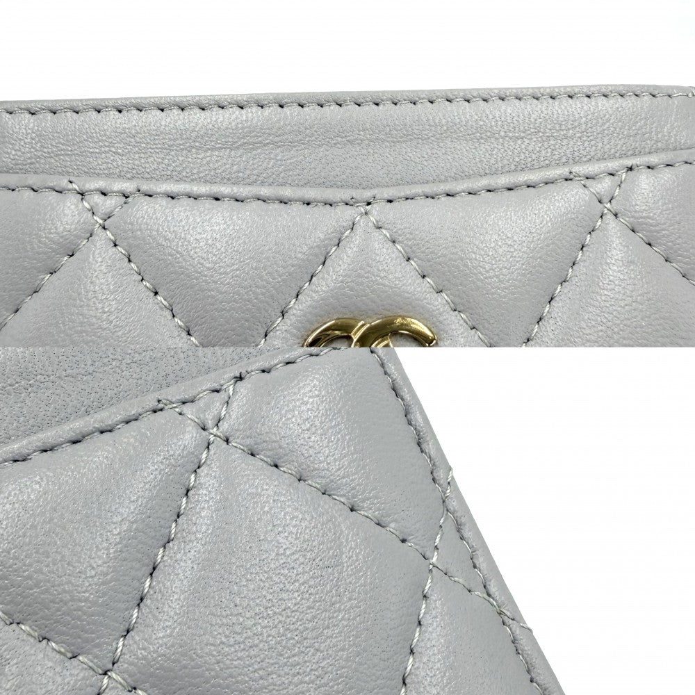 CHANEL シャネル カードケース マトラッセ ココマーク 定期入れ パスケース 小物 クラシックカードホルダー ラムスキン グレー ゴールド金具 レディース【中古品】