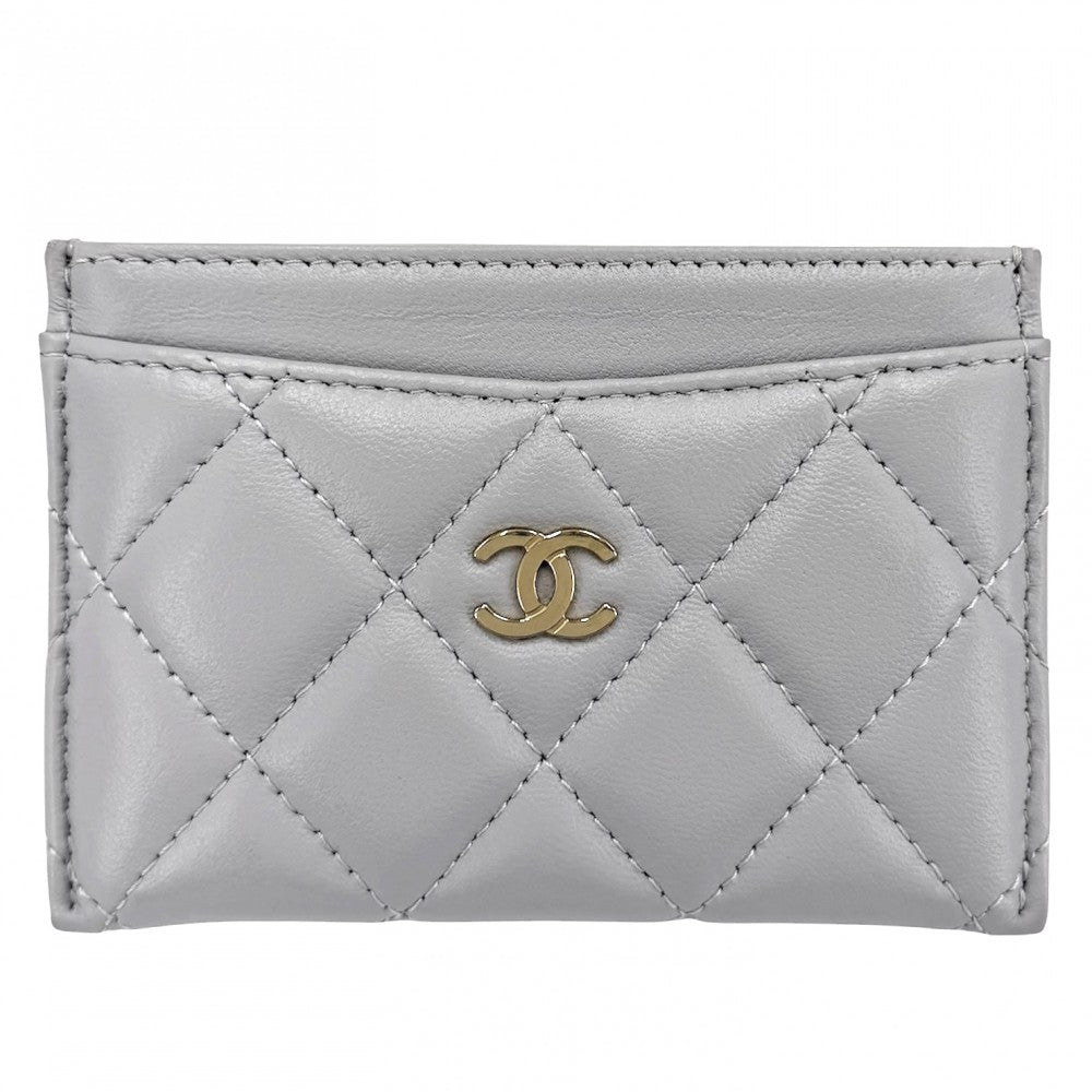 CHANEL シャネル カードケース マトラッセ ココマーク 定期入れ パスケース 小物 クラシックカードホルダー ラムスキン グレー ゴールド金具 レディース【中古品】