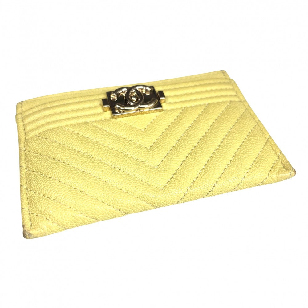 CHANEL シャネル カードケース Vステッチ ボーイシャネル ココマーク キャビアスキン イエロー ゴールド金具 レディース【中古品】