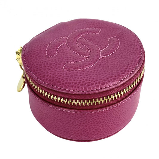 【開店SALE】 CHANEL シャネル ポーチ ジュエリーケース アクセサリーケース ラウンドポーチ 小物入れ ココマーク キャビアスキン ピンク ゴールド金具 レディース【中古品】