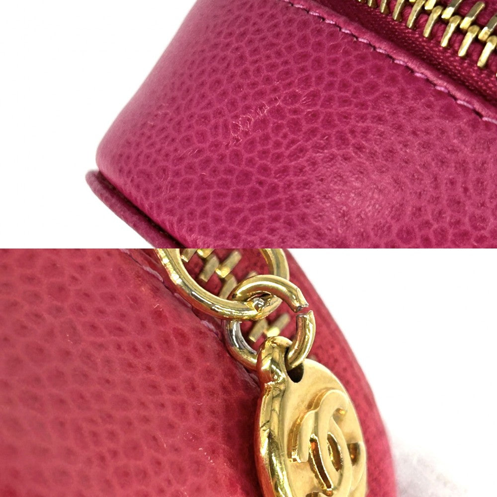 CHANEL シャネル ポーチ ジュエリーケース アクセサリーケース ラウンドポーチ 小物入れ ココマーク キャビアスキン ピンク ゴールド金具 レディース【中古品】