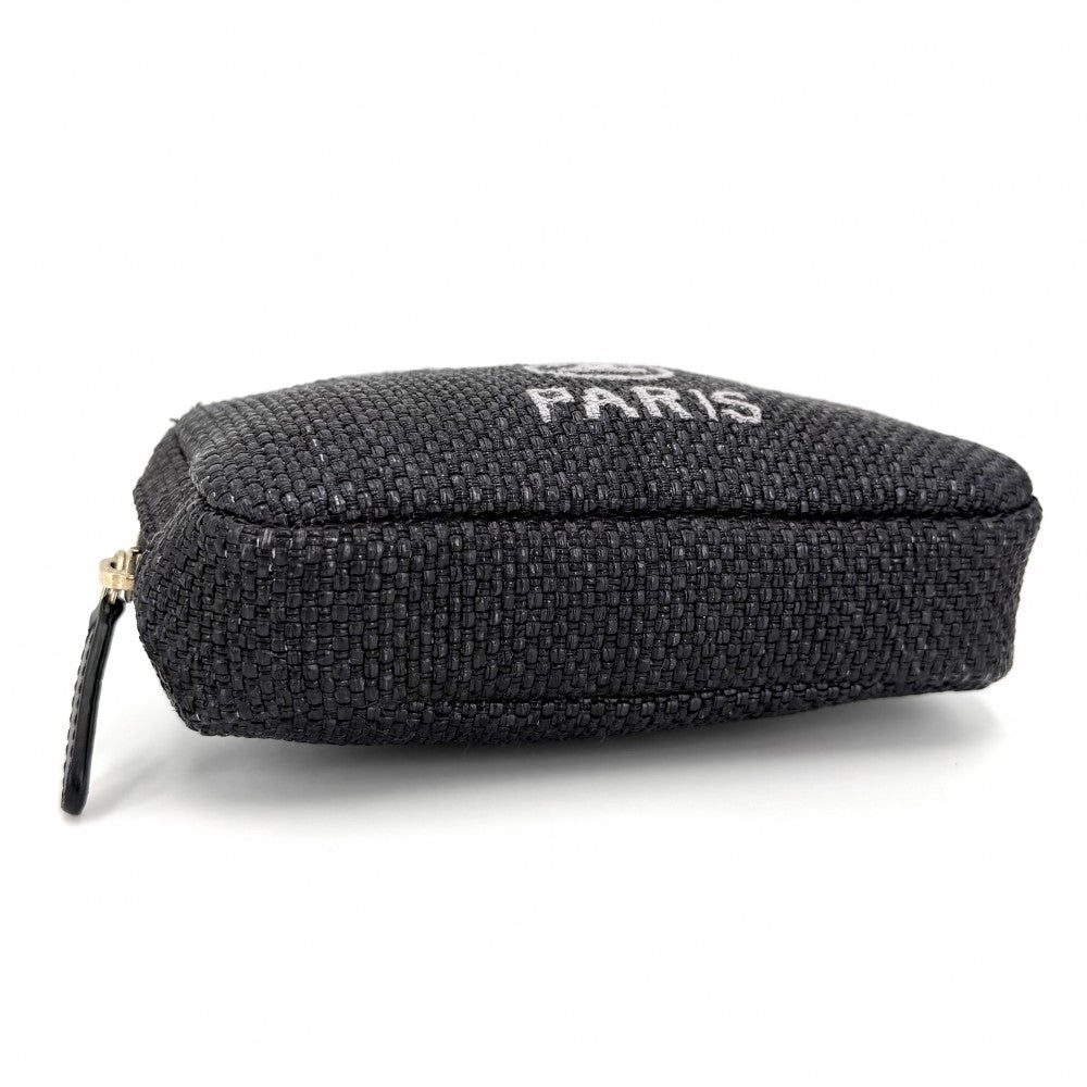 CHANEL シャネル ポーチ ドーヴィル ココマーク 小物入れ ラフィア レザー ブラック 黒 ゴールド金具 レディース【中古品】