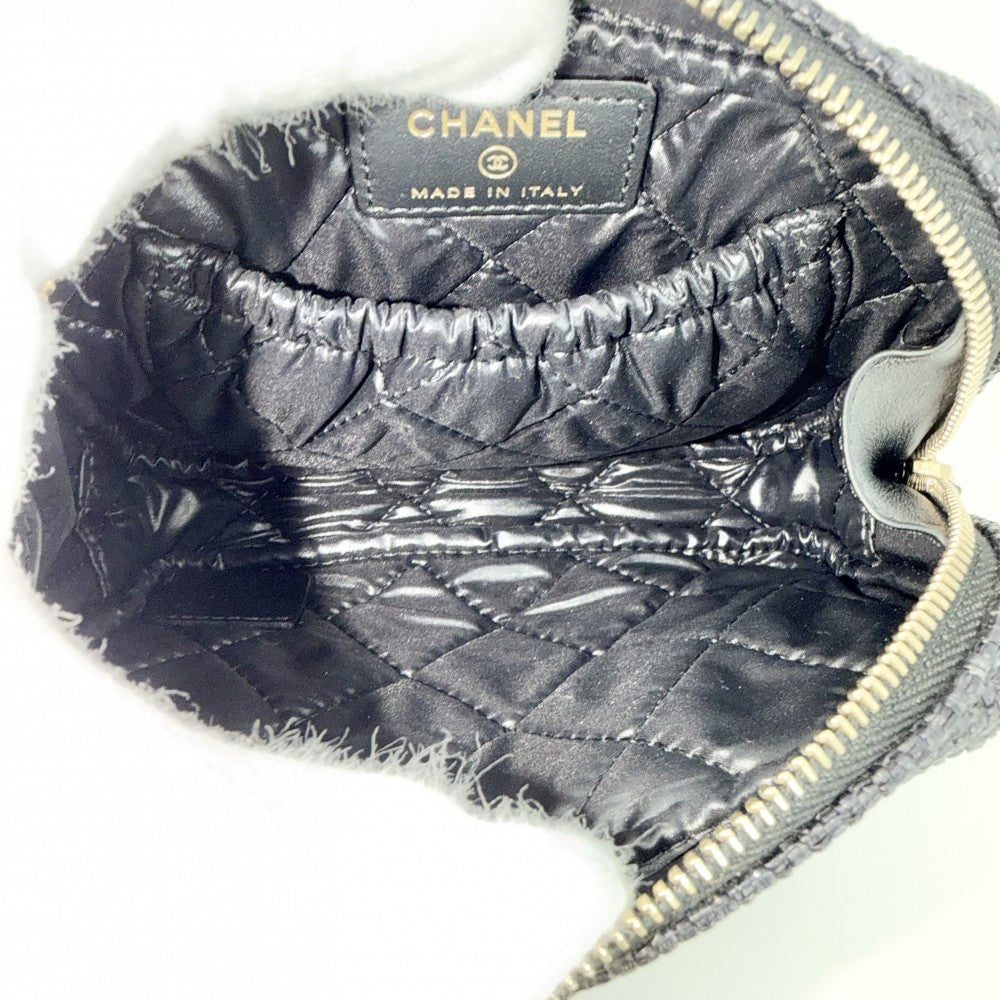 CHANEL シャネル ポーチ ドーヴィル ココマーク 小物入れ ラフィア レザー ブラック 黒 ゴールド金具 レディース【中古品】